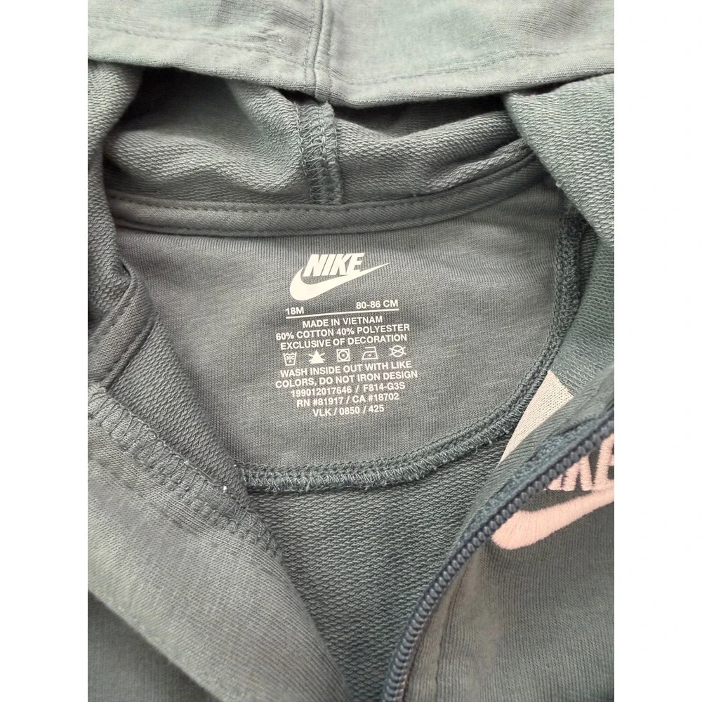 Nike Baby Mineral Slate Green Hooded Full Zip Coverall Romper 18M 66F814-G3S